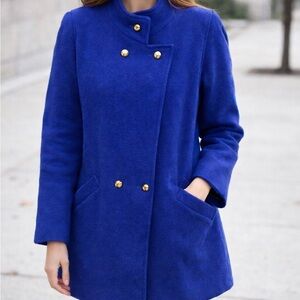 Compliments size 16, royal blue wool pea coat, gold hardware, made in the UK